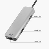 ACT Connectivity USB-C 4K multiport adapter voor 2 HDMI schermen, USB-A datapoort Aluminium